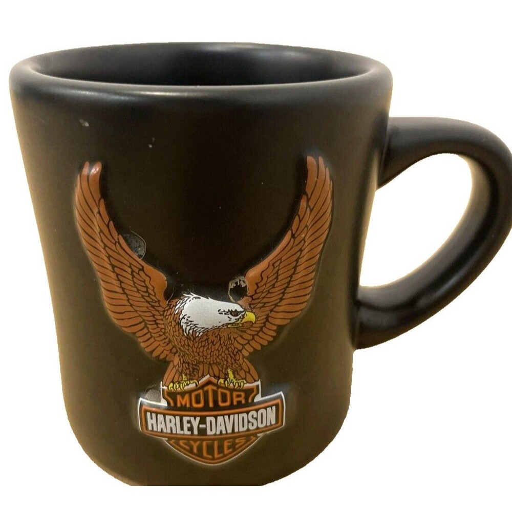 Harley Davidson Embossed 3D Raised Logo Eagle Soars Black Coffee Mug